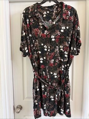 City Chic Black Floral Midi Dress with Red and White Accents